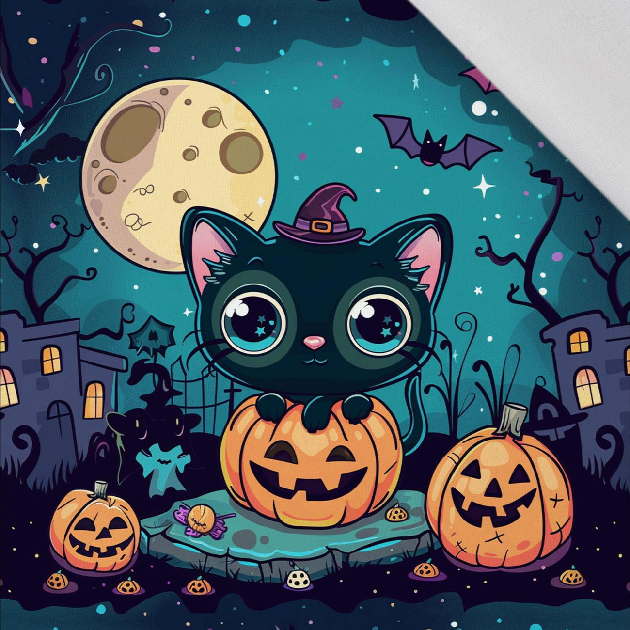 HALLOWEEN CAT MOON - panel (60cm x 50cm) Cotton woven fabric