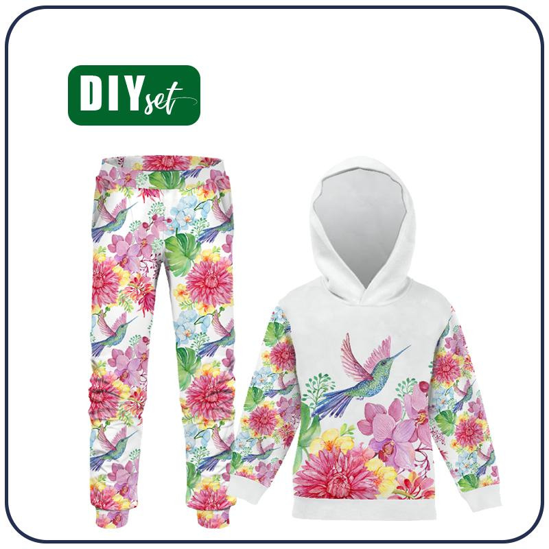 Children's tracksuit (OSLO) - HUMMINGBIRDS AND FLOWERS pat. 2 - looped knit fabric 