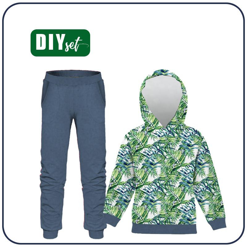 Children's tracksuit (OSLO) - MINI LEAVES AND INSECTS PAT. 6 (TROPICAL NATURE) / white - looped knit fabric 