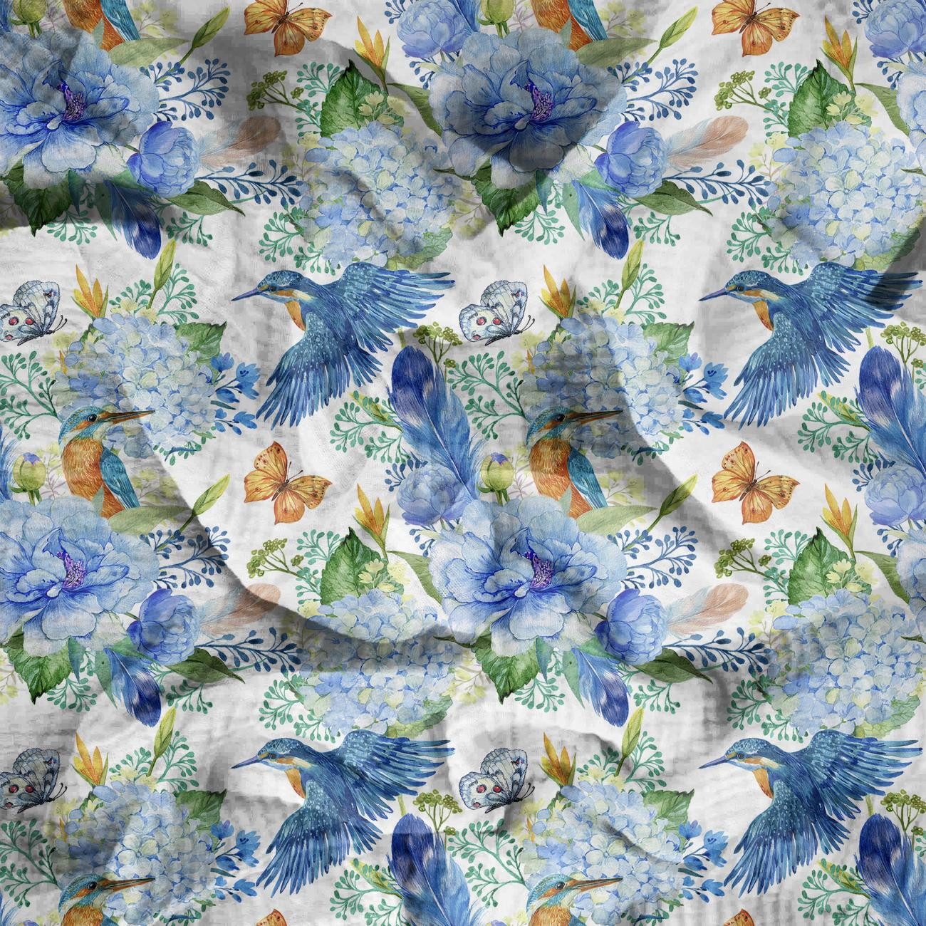 MINI KINGFISHERS AND LILACS (KINGFISHERS IN THE MEADOW) / white - Cotton muslin