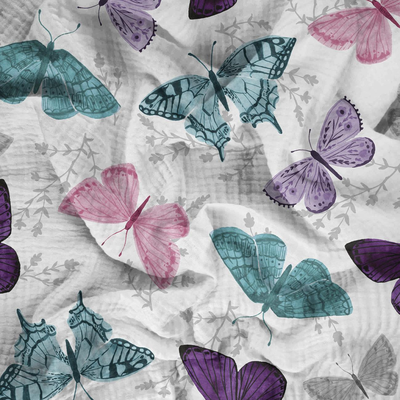 BUTTERFLIES PAT. 5 / white  (PURPLE BUTTERFLIES) - Cotton muslin