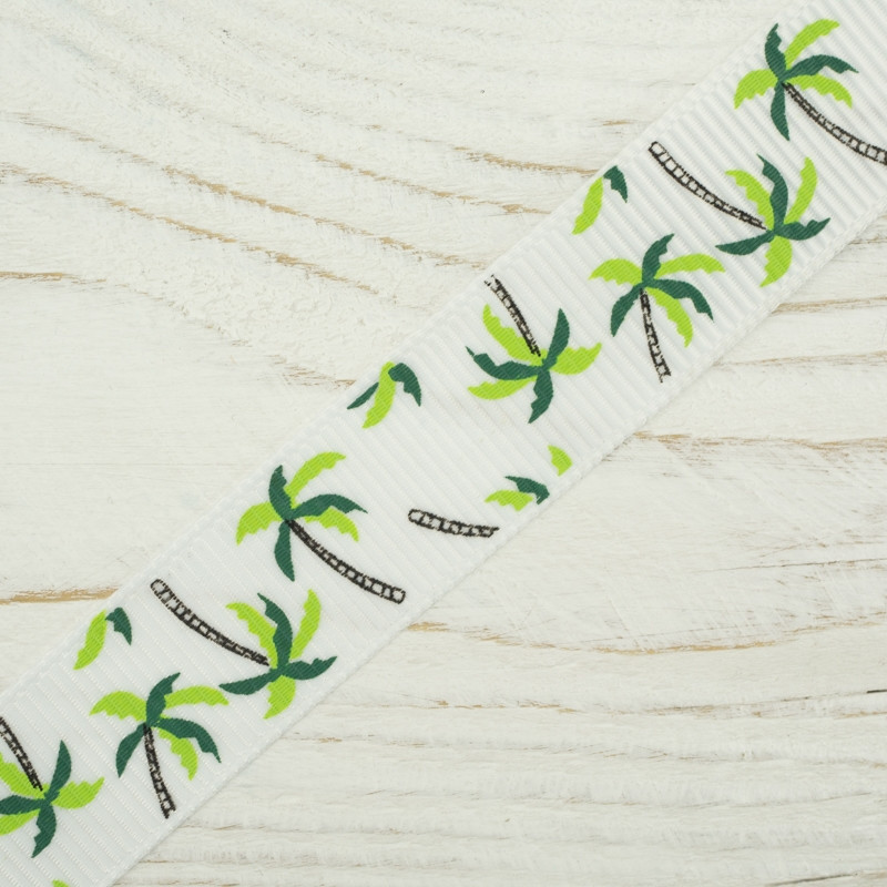 Grosgrain ribbon 15 mm white with palm trees