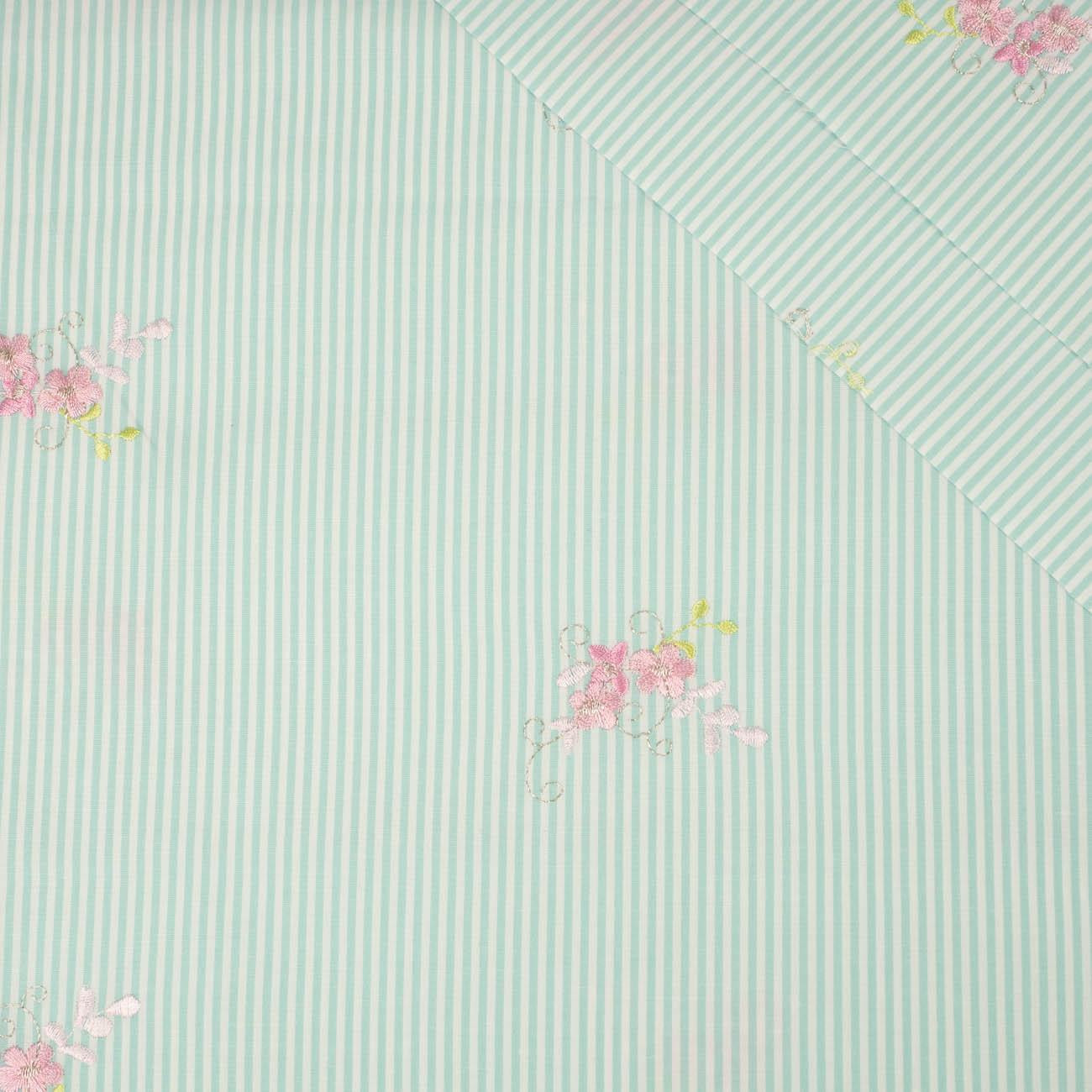  FLOWERS / mint stripes - Embroidered cotton fabric