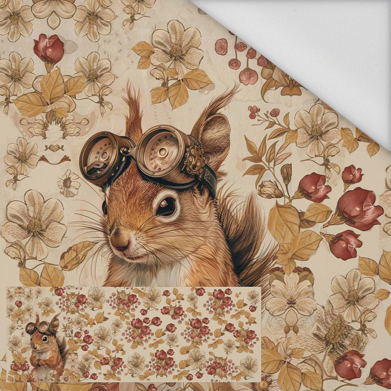 SQUIRREL STEAMPUNK FOREST - panoramic panel waterproof woven fabric (60cm x 155cm)