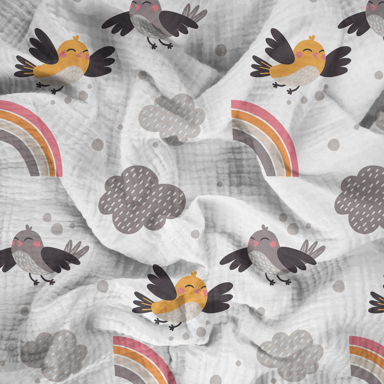 SPARROWS / rainbow (CATS WORLD) / white - Cotton muslin