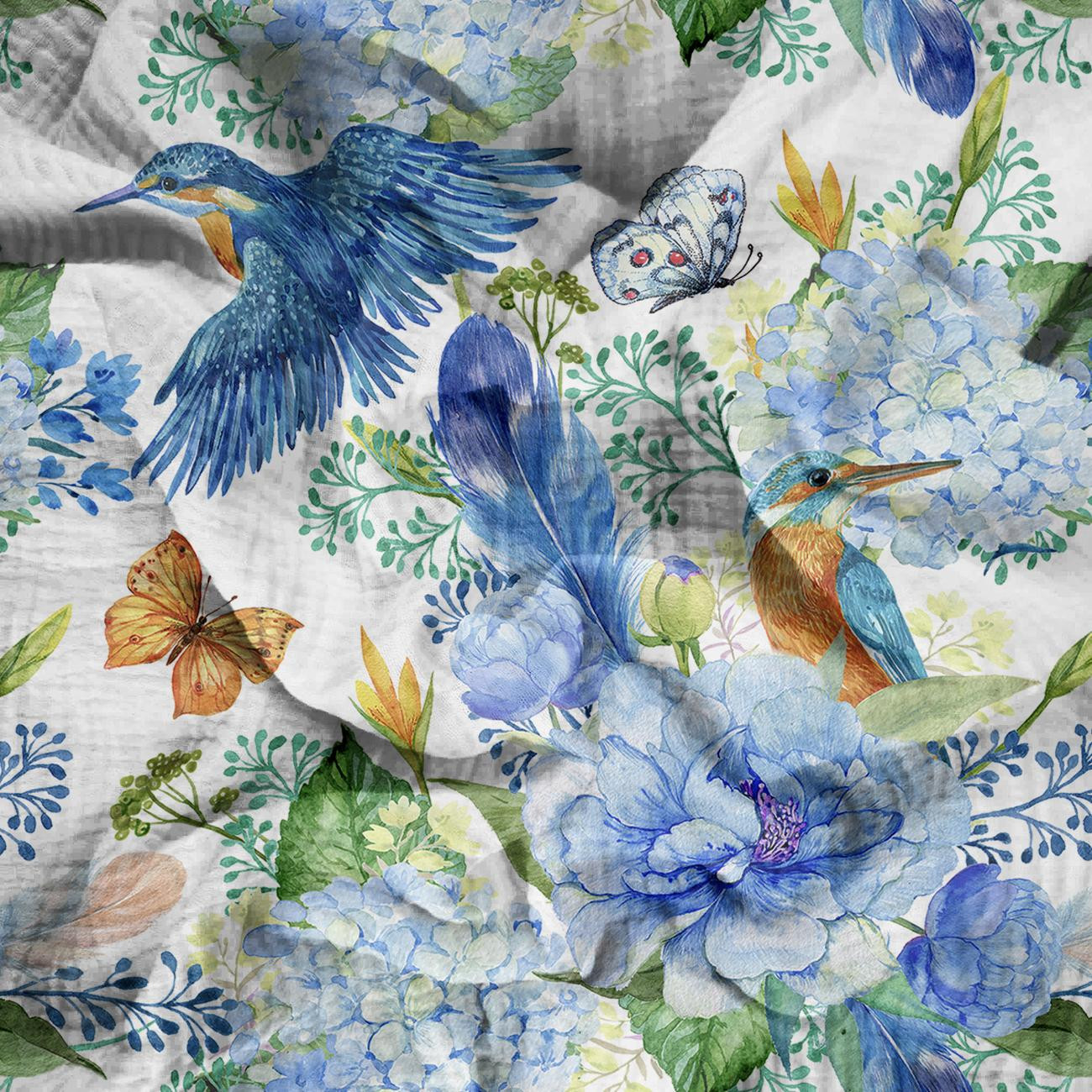 KINGFISHERS AND LILACS (KINGFISHERS IN THE MEADOW) / white - Cotton muslin