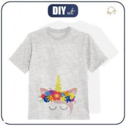 KID’S T-SHIRT (104/110) - UNICORN / flowers - melange light grey- single jersey