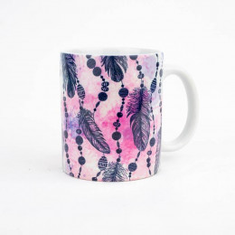 MUG WITH PRINT - PINK FEATHERS AND BEADS