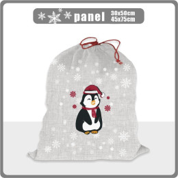 PENGUIN SANTA / red - acid wash grey - Cotton woven fabric panel / Choice of sizes