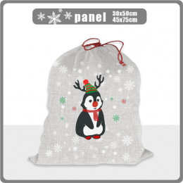 PENGUIN REINDEER / red - acid wash grey - Cotton woven fabric panel / Choice of sizes