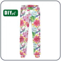 CHILDREN'S JOGGERS "LYON" (86/92) - HUMMINGBIRDS AND FLOWERS pat. 2 - looped knit fabric 
