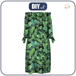 DRESS "CARMEN" - TROPICAL LEAVES pat. 2 / black - crepe