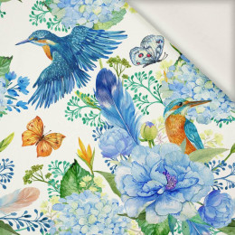KINGFISHERS AND LILACS (KINGFISHERS IN THE MEADOW) / white - viscose woven fabric