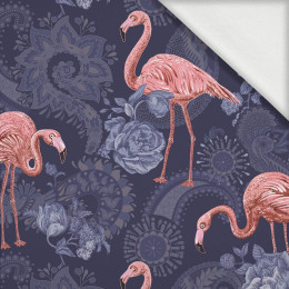  FLAMINGOS AND ROSES / dark blue - looped knit fabric with elastane