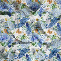 MINI KINGFISHERS AND LILACS (KINGFISHERS IN THE MEADOW) / white - Cotton muslin