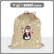 PENGUIN SANTA  / red - jute - Cotton woven fabric panel (30 x 50 cm )