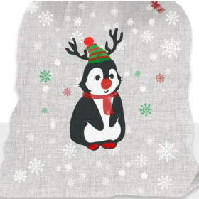 PENGUIN REINDEER / red - acid wash grey - Cotton woven fabric panel (30 x 50 cm )