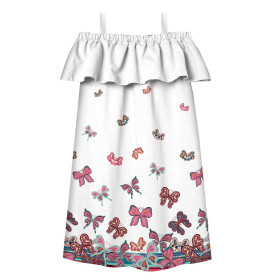 Bardot neckline dress (LILI) - BUTTERFLIES (pat. 1 pink) / white - sewing set