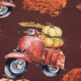 PUMPKINS ON THE SCOOTER (trees) / maroon (PUMPKIN GARDEN) - looped knit fabric