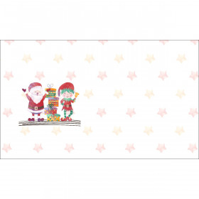 SANTA CLAUS AND ELF / presents (CHRISTMAS FRIENDS) - Cotton woven fabric panel ( 30 x 50 cm )