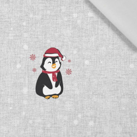 PENGUIN SANTA / red - acid wash grey - Cotton woven fabric panel ( 45 x 75 cm )