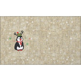 PENGUIN REINDEER / red - jute - Cotton woven fabric panel / Choice of sizes