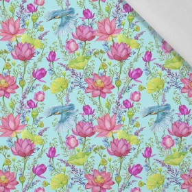 MINI KINGFISHERS AND POPPIES (KINGFISHERS IN THE MEADOW) / aqua - Cotton woven fabric