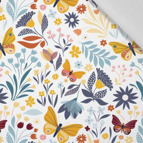 FOLK BUTTERFLIES / white - Cotton woven fabric