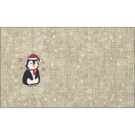 PENGUIN SANTA  / red - jute - Cotton woven fabric panel ( 45 x 75 cm )