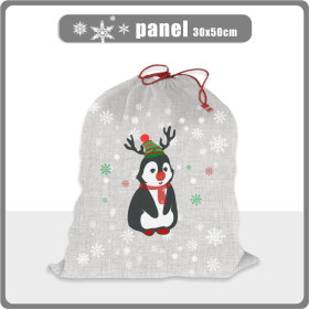 PENGUIN REINDEER / red - acid wash grey - Cotton woven fabric panel (30 x 50 cm )