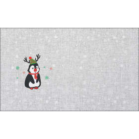 PENGUIN REINDEER / red - acid wash grey - Cotton woven fabric panel (30 x 50 cm )