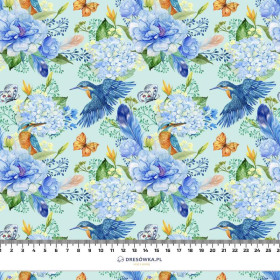 MINI KINGFISHERS AND LILACS (KINGFISHERS IN THE MEADOW) / light blue - single jersey with elastane 