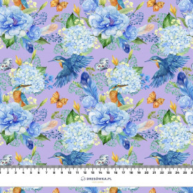 MINI KINGFISHERS AND LILACS (KINGFISHERS IN THE MEADOW) / lilac - looped knit fabric