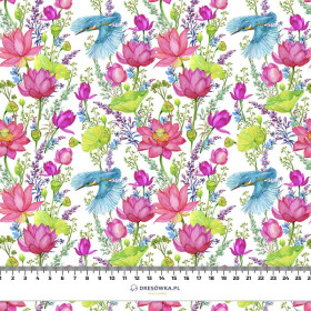 MINI KINGFISHERS AND POPPIES (KINGFISHERS IN THE MEADOW) / white - Viscose jersey