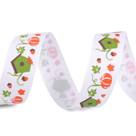 Grosgrain ribbon 25 mm pumpkin and house - white