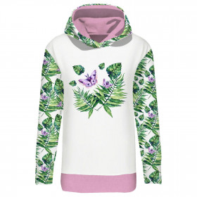 LONG WOMEN’S HOODIE (MEGI) - MINI LEAVES AND INSECTS PAT. 4 (TROPICAL NATURE) / white - looped knit fabric  