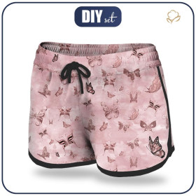 Women’s boardshorts - BUTTERFLIES (GLITTER BUTTERFLIES) / CAMOUFLAGE pat. 2 (rose quartz) - sewing set