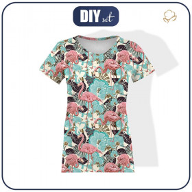 WOMEN’S T-SHIRT - FLAMINGOS AND  MONSTERAS - single jersey 