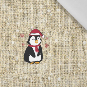 PENGUIN SANTA  / red - jute - Cotton woven fabric panel ( 45 x 75 cm )