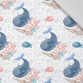 WHALES / bubbles (MAGICAL OCEAN) / white - Cotton woven fabric