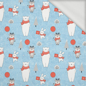 ANIMALS IN SCARVES PAT. 2 (WINTER FUN) / ACID WASH LIGHT BLUE - looped knit fabric