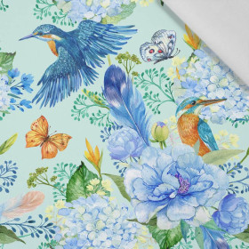KINGFISHERS AND LILACS (KINGFISHERS IN THE MEADOW) / light blue - Cotton woven fabric