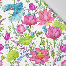 KINGFISHERS AND POPPIES (KINGFISHERS IN THE MEADOW) / white - Cotton woven fabric