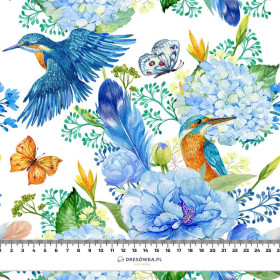 KINGFISHERS AND LILACS (KINGFISHERS IN THE MEADOW) / white - Cotton woven fabric