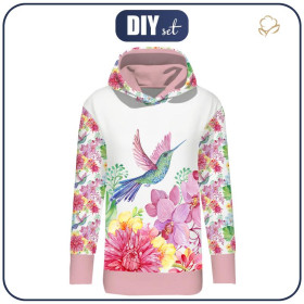 LONG WOMEN’S HOODIE (MEGI) - HUMMINGBIRDS AND FLOWERS pat. 2 - looped knit fabric 