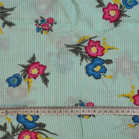 FLOWERS / STRIPES OF MINT - viscose woven fabric