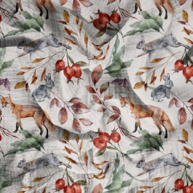 FOREST ANIMALS PAT. 2 / WHITE (COLORFUL AUTUMN) - Cotton muslin