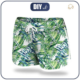 Women’s boardshorts - MINI LEAVES AND INSECTS PAT. 6 (TROPICAL NATURE) / white - sewing set