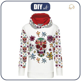 LONG WOMEN’S HOODIE (MEGI) - SKULLS pat. 2 / white (DIA DE LOS MUERTOS)  - looped knit fabric  