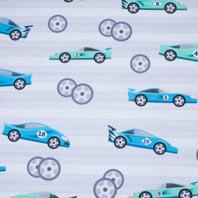 FAST WHEELS / blue on grey - Waterproof woven fabric